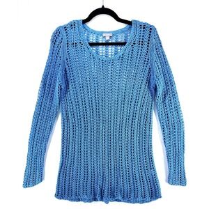 J Jill Linen Knit Crochet Sweater M Blue Long Sleeve Tunic Fun Beach Resort Wear